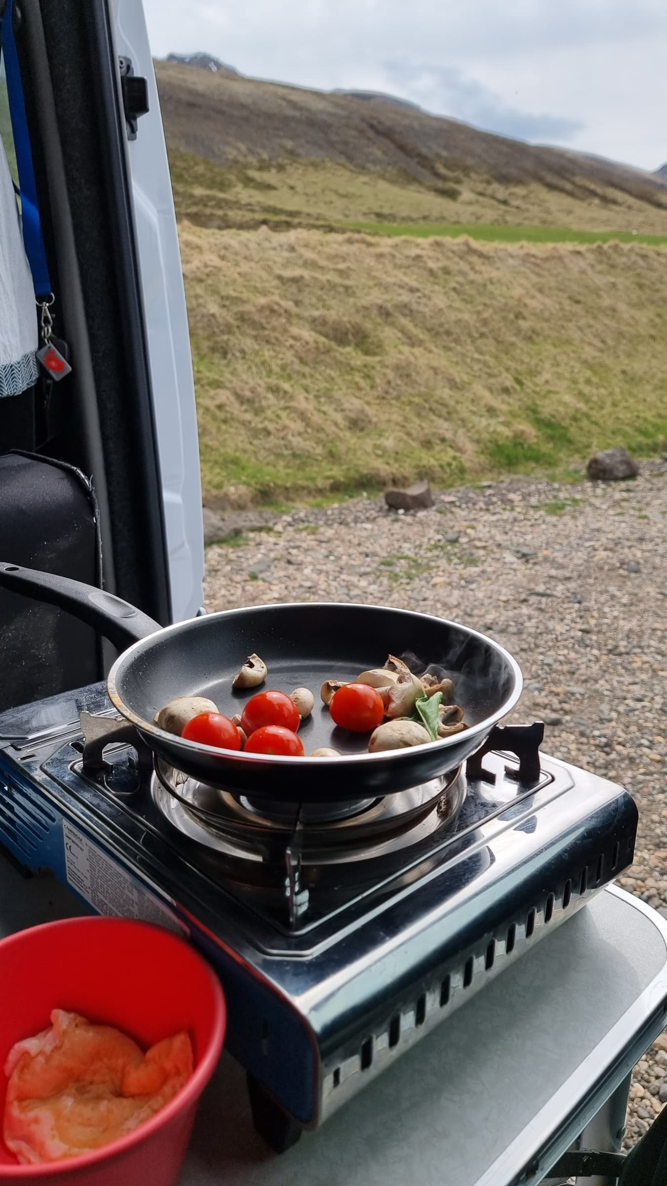 Tomatoes and mushrooms cooking on a camping stove beside our campervan
