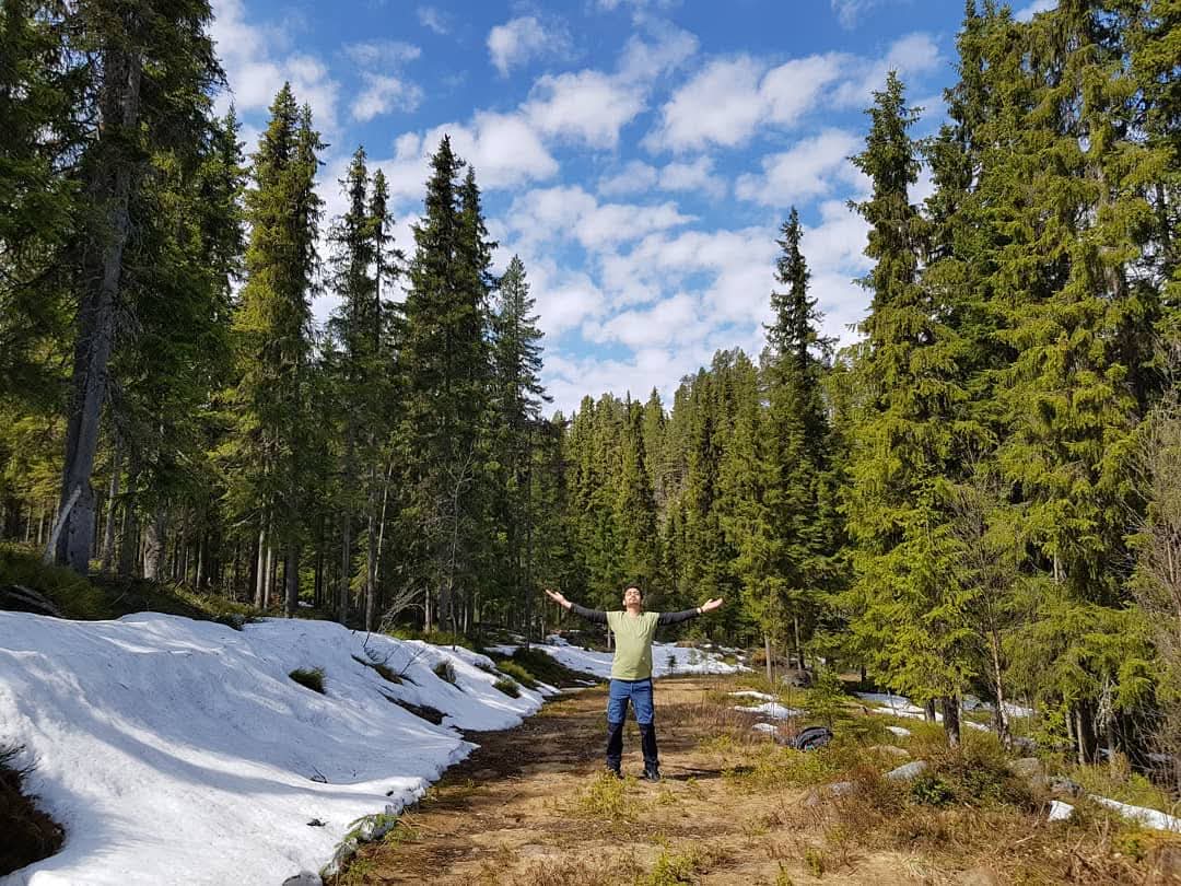 Pranav with arms wide open on a forest trail between snow patches and spruce trees